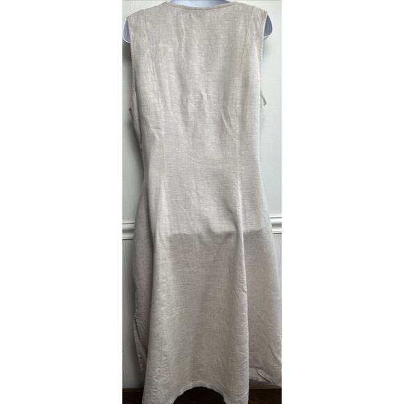 Tahari Linen Tank Dress 10 Maxi Beige V-neck Front Pockets Minimalistic Boho M - Picture 3 of 9
